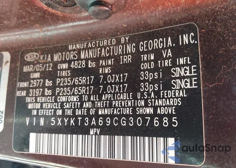 2012 Kia Sorento Lx z USA, uszkodzony, nr VIN 5XYKT3A69CG307685